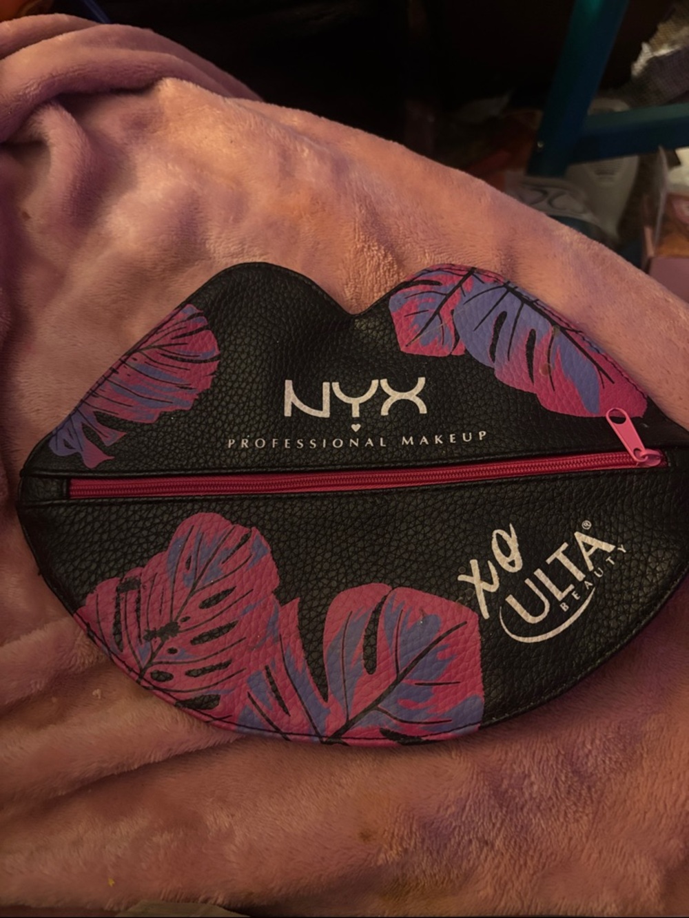 NYX Black Lip-Shaped Makeup Pouch with Pink and Purple Leaf Design